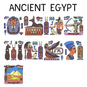 9 Ancient Egypt embroidery designs, Tutankhamun embroidery pattern, Anubis embroidery design, Horus embroidery, pyramid embroidery design