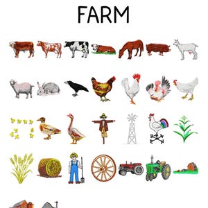 Op de afbeelding: Geborduurd beeld met het woord "FARM" bovenaan. De afbeelding toont verschillende boerderijdieren, gewassen en landbouwmachines, waaronder koeien, kippen, een tractor en een windmolen. De illustraties zijn kleurrijk en gedetailleerd.