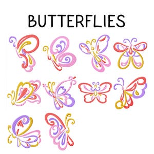 Op de afbeelding: Een verzameling kleurrijke vlinderontwerpen in verschillende stijlen. Elke vlinder is omlijnd in een combinatie van roze, paars, geel en rood. Het woord "BUTTERFLIES" staat in het zwart erboven.