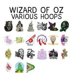 Op de afbeelding: Een verzameling geborduurde hoepels met personages en elementen uit The Wizard of Oz. Ontwerpen omvatten de Laffe Leeuw, de Vogelverschrikker, de Blikken Man, Toto, de Boze Heks en Dorothy. Tekst bevat "There's No Place Like Home" en "Have a Heart."