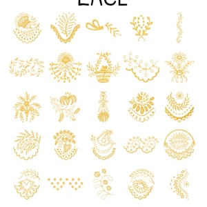 Könnte beinhalten: Eine Sammlung goldfarbener Spitzendesigns, darunter Blumenmuster, Blätter und dekorative Bordüren, wird auf weißem Hintergrund gezeigt. Das Wort "LACE" ist oben in Schwarz gedruckt. Diese Designs eignen sich für verschiedene Bastelprojekte.