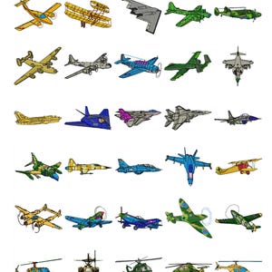 Op de afbeelding: Een illustratie met diverse vliegtuigen, waaronder vliegtuigen en helikopters, met de tekst "AIR FORCE" bovenaan. De afbeelding toont een verscheidenheid aan militaire en civiele vliegtuigen in verschillende kleuren en ontwerpen.