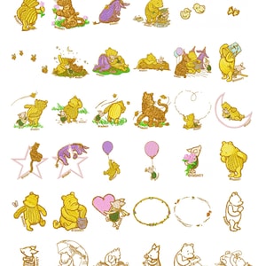 Op de afbeelding: Een verzameling Winnie de Poeh-illustraties in goudgele kleur. De afbeeldingen tonen Poeh, Knorretje en andere personages in verschillende scènes. De tekst "CLASSIC POOH" staat bovenaan.