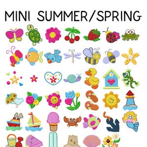 41 MINI Summer & Spring embroidery designs, summer embroidery pattern, mermaid bee turtle fish flower sun lighthouse boat icecream dragonfly