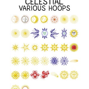Op de afbeelding: Een assortiment borduurontwerpen met een hemels thema, waaronder zonnen, manen, sterren en insecten. De ontwerpen zijn in goud, rood en blauw, met de tekst "CELESTIAL VARIOUS HOOPS" bovenaan.