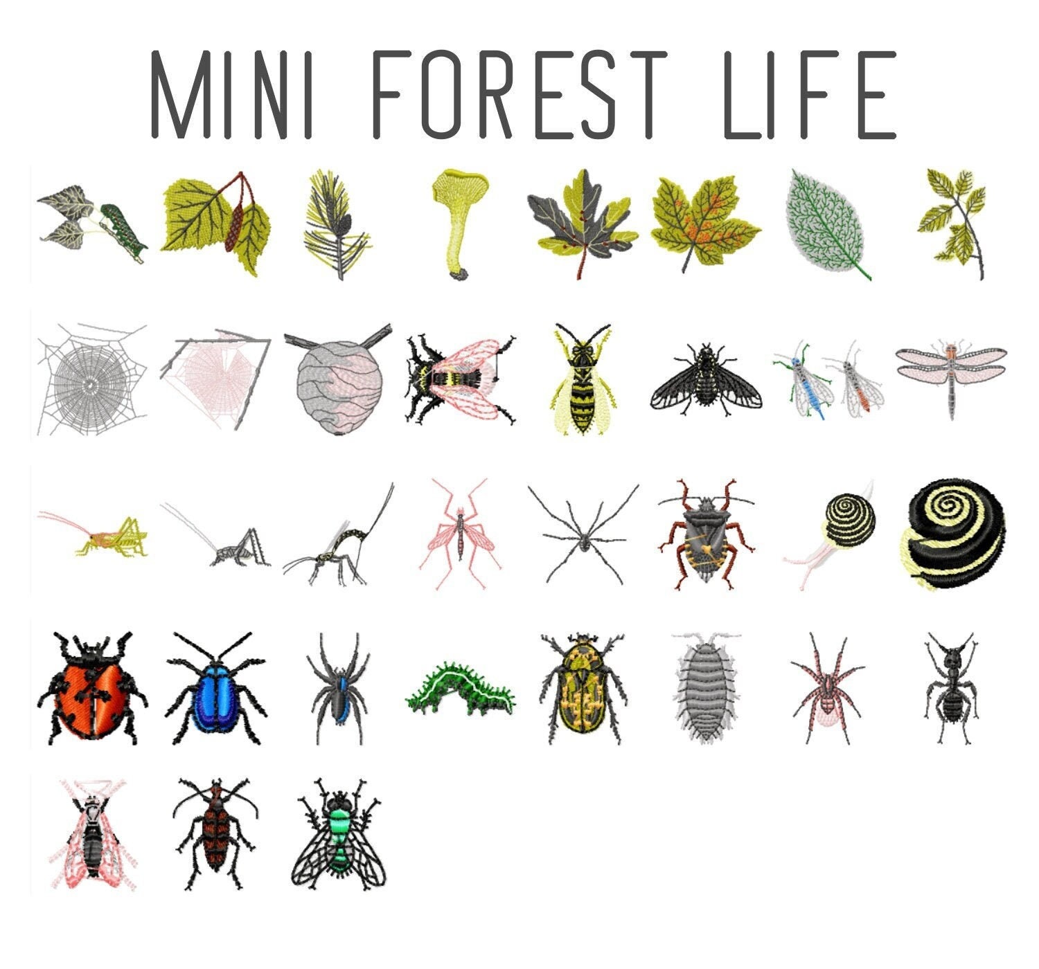 35 MINI Forest life machine embroidery designs, animal embroidery pattern, insect embroidery, toadstool mushroom, oak tree leaf, grasshopper
