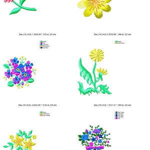 Puede incluir: Cuatro dise&ntilde;os de bordado que presentan diferentes arreglos florales. Los dise&ntilde;os incluyen una sola flor rosa con hojas verdes, una flor amarilla con m&uacute;ltiples p&eacute;talos, un ramo de flores moradas y azules, y un ramo de flores azules y amarillas con una cinta rosa.