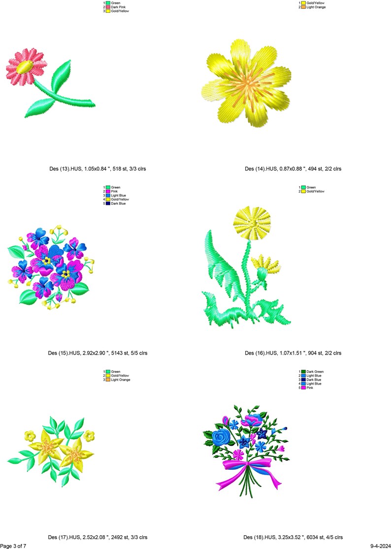 Puede incluir: Cuatro dise&ntilde;os de bordado que presentan diferentes arreglos florales. Los dise&ntilde;os incluyen una sola flor rosa con hojas verdes, una flor amarilla con m&uacute;ltiples p&eacute;talos, un ramo de flores moradas y azules, y un ramo de flores azules y amarillas con una cinta rosa.