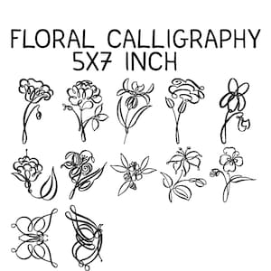 Op de afbeelding: Zwart-wit lijntekeningen van verschillende bloemontwerpen. De tekst "FLORAL CALLIGRAPHY 5x7 INCH" staat bovenaan. De afbeelding bevat meerdere bloemen- en vlinderillustraties, elk ongeveer 12,7 x 17,8 cm.