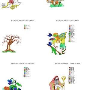 Puede incluir: Un conjunto de cinco dise&ntilde;os de bordado que representan un rollo con una pluma, un hada con mariposas, un &aacute;rbol con ramas desnudas, un ramo de flores moradas y un mago con un bast&oacute;n y un rollo. Los dise&ntilde;os son de varios colores, incluyendo verde, azul, rojo, amarillo y marr&oacute;n.