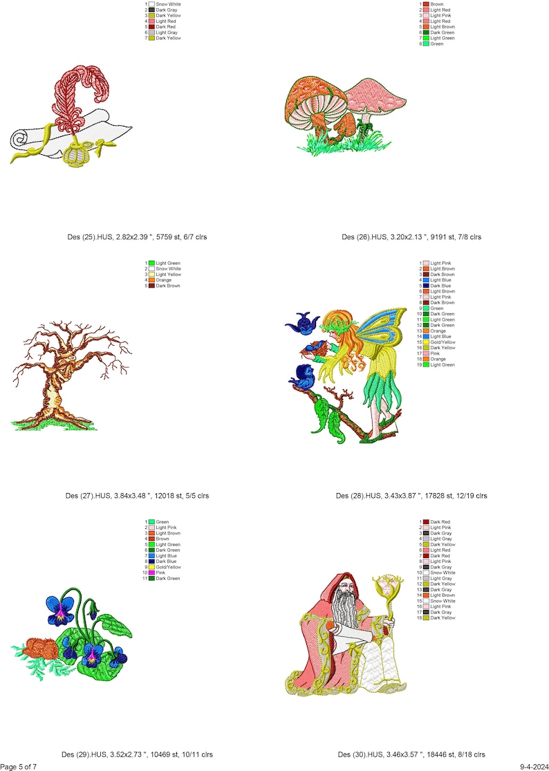 Puede incluir: Un conjunto de cinco dise&ntilde;os de bordado que representan un rollo con una pluma, un hada con mariposas, un &aacute;rbol con ramas desnudas, un ramo de flores moradas y un mago con un bast&oacute;n y un rollo. Los dise&ntilde;os son de varios colores, incluyendo verde, azul, rojo, amarillo y marr&oacute;n.