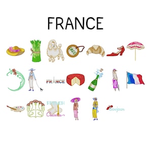 Op de afbeelding: Een geborduurd ontwerp met verschillende Franse iconen, waaronder een hoed, asperges, een poedel, een Parijs-label, een croissant, een schoen, een paraplu, een stuk kaas, een champagnefles, een vlag en figuren. Het woord "FRANCE" staat bovenaan.