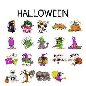 Op de afbeelding: Een verzameling van twintig geborduurde Halloween-ontwerpen met een Magere Hein, pompoenen, een kat, een vampier, een heks, een geest, Frankenstein, schedels en tekst waaronder HALLOWEEN, FRIGHT NIGHT en TRICK OR TREAT.