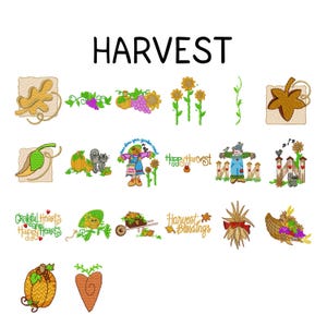 Op de afbeelding: Een collectie van eenentwintig oogst-thema machineborduurontwerpen met pompoenen, zonnebloemen, vogelverschrikkers, druiven, maïs en herfstbladeren. Het woord HARVEST staat bovenaan in het zwart, met diverse teksten zoals Happy Harvest.
