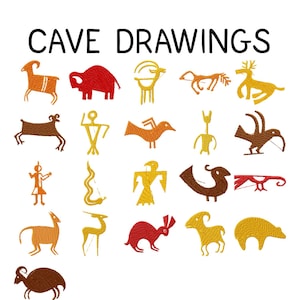 Op de afbeelding: De afbeelding toont de tekst "CAVE DRAWINGS" boven een verzameling gestileerde tekeningen van dieren en figuren. De tekeningen zijn in tinten oranje, rood, geel en bruin, die doen denken aan oude grotkunst.