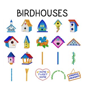 Op de afbeelding: Een verzameling geborduurde vogelhuisjes in verschillende vormen en kleuren, waaronder blauw, rood, geel en roze. Het woord "BIRDHOUES" wordt bovenaan weergegeven. Extra geborduurde elementen zijn onder meer een nest met vogels en decoratieve borden.