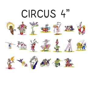 20 cirkusbroderimönster med maskin, clownbroderimönster, akrobatbroderimönster, elefantbroderi, lejontämjande mönster, björn