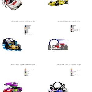 May include: Five embroidery designs of race cars in different colors and styles. The designs are for embroidery machines and include a checkered flag, a finish line, and a driver in the car. The designs are labeled with the file name, stitch count, and color count.