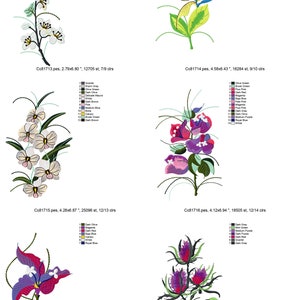 May include: Four embroidery designs featuring different floral arrangements. The first design is a white flower with green leaves. The second design is a yellow and orange bird of paradise flower. The third design is a white orchid with green leaves. The fourth design is a purple and pink flower with green leaves.