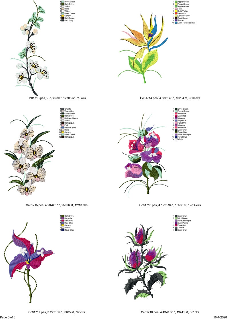 May include: Four embroidery designs featuring different floral arrangements. The first design is a white flower with green leaves. The second design is a yellow and orange bird of paradise flower. The third design is a white orchid with green leaves. The fourth design is a purple and pink flower with green leaves.