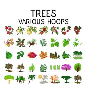 May include: An illustration featuring various trees and foliage, including leaves, fruits, and different tree types. The text "TREES VARIOUS HOOPS" is displayed at the top. The image showcases a variety of botanical elements.