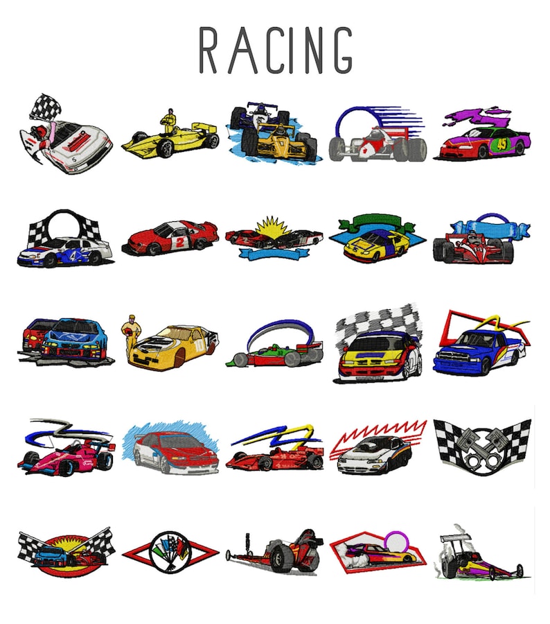 May include: A collection of 25 colorful embroidered patches featuring various racing car designs. The patches include checkered flags, racing cars, and other racing-themed imagery.