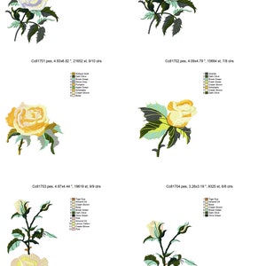 May include: Five embroidery designs of roses in different colors, including white, yellow, and light pink. Each design features a rose with leaves and stems, and the colors of the roses and leaves vary in each design.