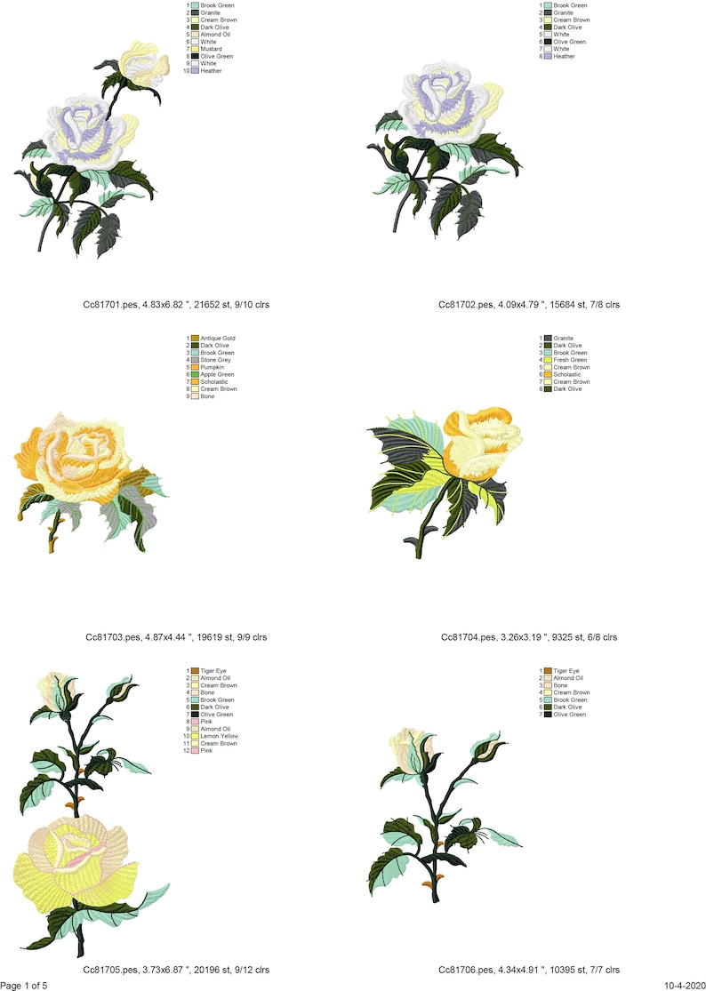 May include: Five embroidery designs of roses in different colors, including white, yellow, and light pink. Each design features a rose with leaves and stems, and the colors of the roses and leaves vary in each design.