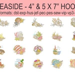 Op de afbeelding: Een set van 10 borduurmotieven met verschillende thema's rond de zee, waaronder schelpen, een pelikaan, slippers, een vuurtoren, een parasol en een emmer en schep. De ontwerpen zijn beschikbaar in 10 formaten: dst-exp-hus-jef-pec-pes-sew-vip-vp3-xxx. De ontwerpen zijn voor 4 inch en 5 x 7 inch hoepels.