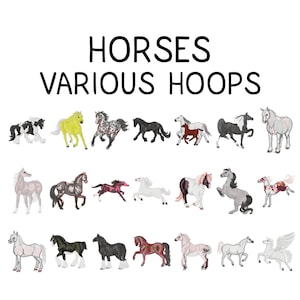 May include: An illustration featuring various horse breeds in different colors and patterns. The text "HORSES VARIOUS HOOPS" is displayed in black, bold font at the top. The horses are depicted in various poses, with some standing and others in motion.