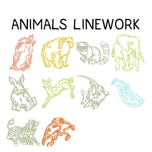 May include: A linework illustration of various animals, including a squirrel, bear, raccoon, elephant, rabbit, deer, fish, bird, zebra, and another bird. The text "ANIMALS LINEWORK" is displayed above the illustrations.