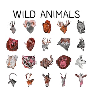 Op de afbeelding: Een illustratie met portretten van wilde dieren. De afbeelding bevat een verscheidenheid aan dieren zoals een hert, ram, bizon, eland, neushoorn, beer en tijger. De tekst "WILD ANIMALS" wordt bovenaan in vette, zwarte letters weergegeven.