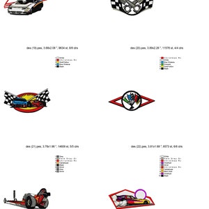 May include: Four embroidery designs featuring a red, white, and blue race car with checkered flags. The designs are in a variety of styles, including a car with flames, a car with a checkered flag background, and a car with a checkered flag border. The designs are perfect for adding a sporty touch to any project.