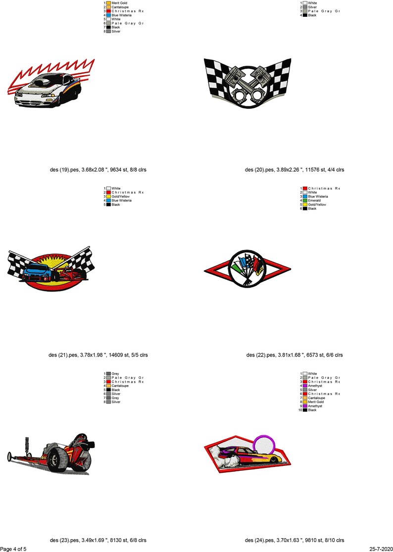 May include: Four embroidery designs featuring a red, white, and blue race car with checkered flags. The designs are in a variety of styles, including a car with flames, a car with a checkered flag background, and a car with a checkered flag border. The designs are perfect for adding a sporty touch to any project.