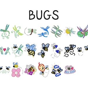 Op de afbeelding: Witte achtergrond met het woord "BUGS" in zwart. De afbeelding toont verschillende geborduurde insectenontwerpen, waaronder libellen en bijen, in groen, blauw, geel en roze. Sommige ontwerpen bevatten de tekst "BEE MINE".