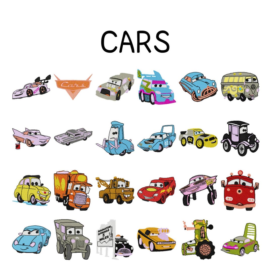 Disney Cars Pattern 24 Cars Embroidery Designs, Disney Embroidery Patterns, Pixar ...