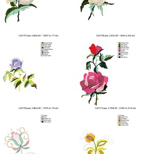 May include: Five embroidery designs featuring different floral arrangements. The designs include a white rose, a pink rose with green leaves, a blue rose with green leaves, a pink and white rose with green leaves, and a yellow flower with green leaves.