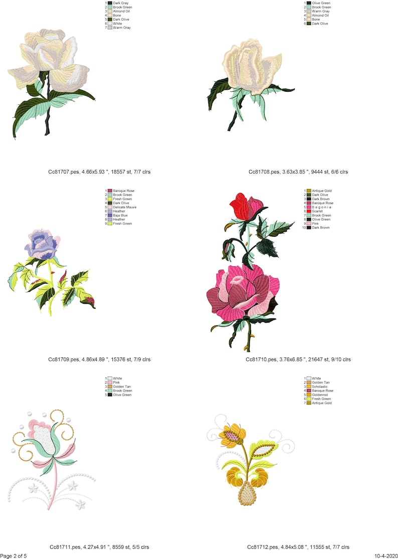 May include: Five embroidery designs featuring different floral arrangements. The designs include a white rose, a pink rose with green leaves, a blue rose with green leaves, a pink and white rose with green leaves, and a yellow flower with green leaves.