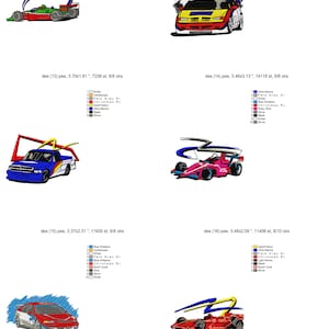 May include: Four different embroidery designs of race cars. Each design features a different car, including a pickup truck, a sports car, and two race cars. The designs are all in a cartoon style and feature bright colors.