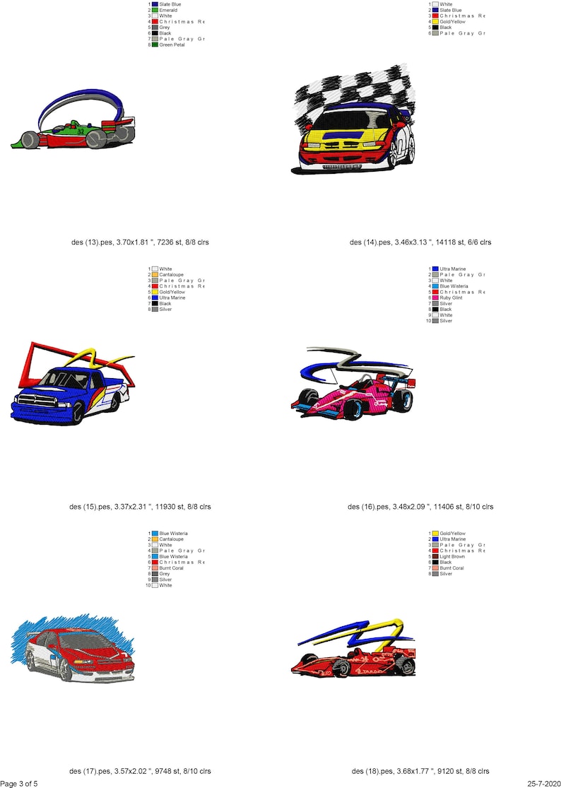 May include: Four different embroidery designs of race cars. Each design features a different car, including a pickup truck, a sports car, and two race cars. The designs are all in a cartoon style and feature bright colors.