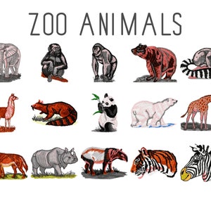 Op de afbeelding: Een kleurrijke illustratie van dieren uit de dierentuin, waaronder een olifant, apen, een panda, een giraffe, een zebra, een tijger, een neushoorn, een lama, een ijsbeer en een rode panda.