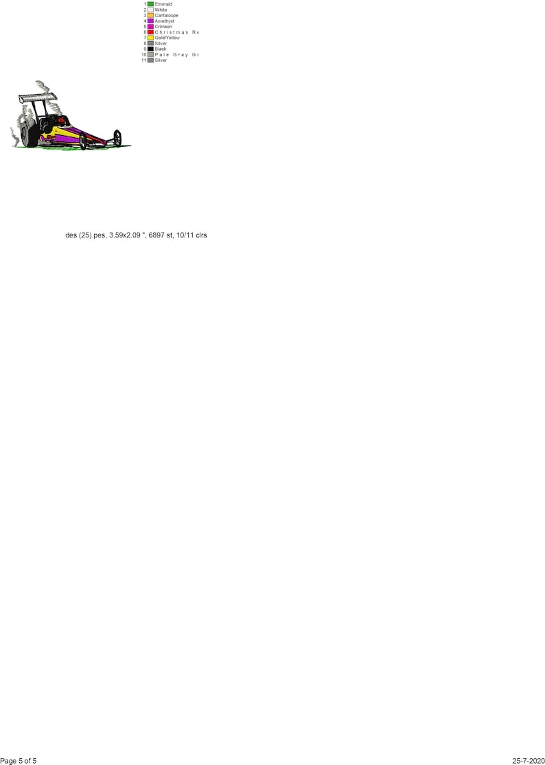 May include: A cartoon illustration of a dragster car with a purple, yellow, and red paint job. The car is on a track with smoke coming from the back tires. The car has a black and white checkered flag on the side.