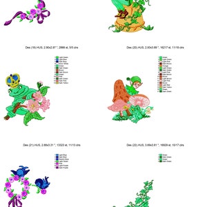Puede incluir: Cuatro dise&ntilde;os de bordado que representan un hada verde, una rana y una vid. Los dise&ntilde;os son de varios colores, incluyendo verde, rosa, azul y morado. Los dise&ntilde;os son perfectos para agregar un toque de fantas&iacute;a a cualquier proyecto.