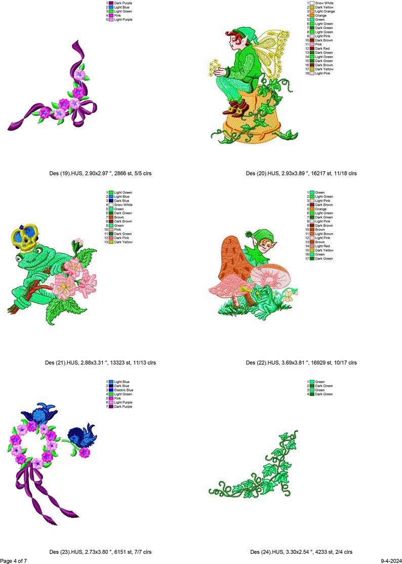 Puede incluir: Cuatro dise&ntilde;os de bordado que representan un hada verde, una rana y una vid. Los dise&ntilde;os son de varios colores, incluyendo verde, rosa, azul y morado. Los dise&ntilde;os son perfectos para agregar un toque de fantas&iacute;a a cualquier proyecto.