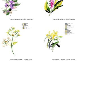 May include: Four embroidery designs featuring floral arrangements. The first design is a purple and gray flower with green leaves. The second design is a pink and yellow flower with green leaves. The third design is a yellow flower with green leaves. The fourth design is a yellow and green flower with a brown stem.