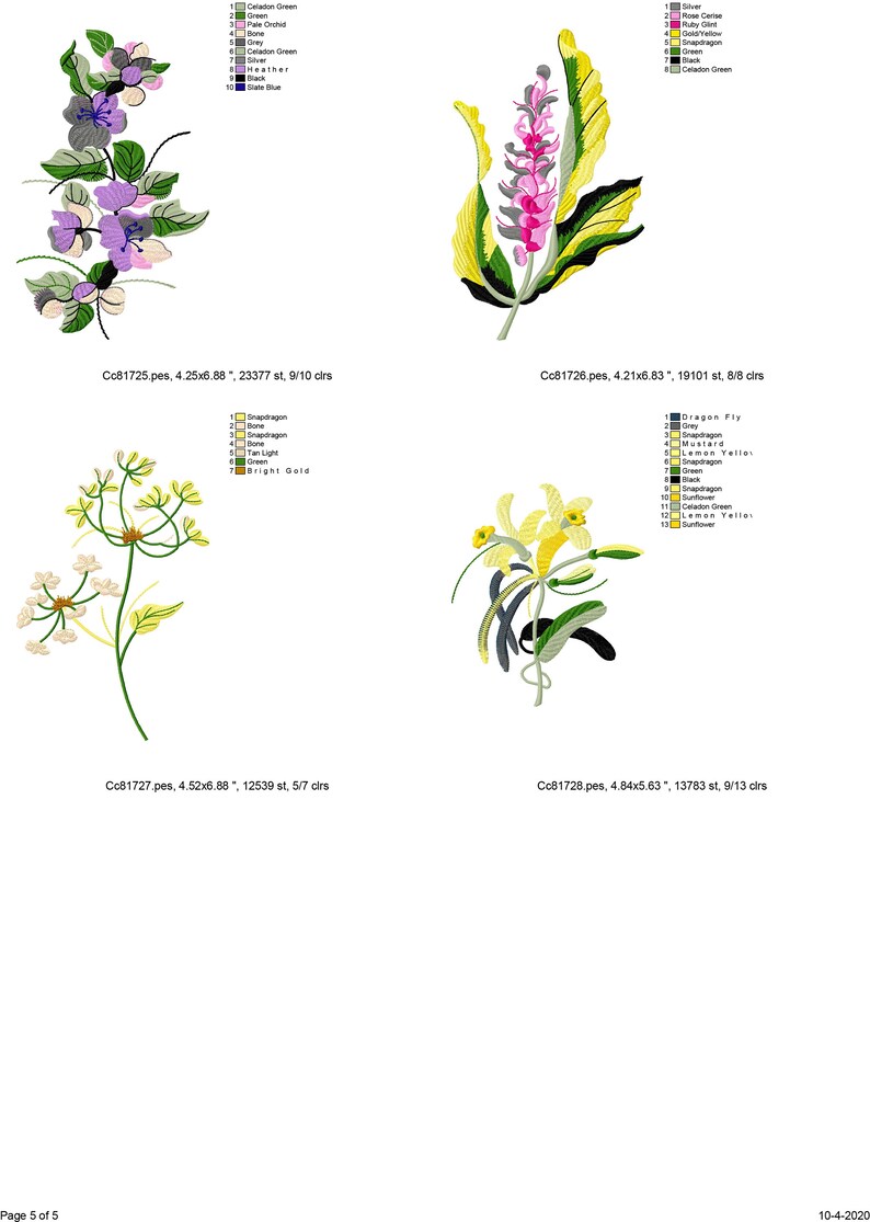 May include: Four embroidery designs featuring floral arrangements. The first design is a purple and gray flower with green leaves. The second design is a pink and yellow flower with green leaves. The third design is a yellow flower with green leaves. The fourth design is a yellow and green flower with a brown stem.