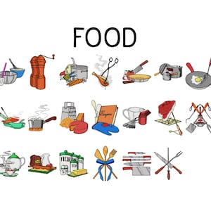 Op de afbeelding: Een illustratie met het woord "FOOD" bovenaan. De afbeelding toont diverse kookgerei en voedingsmiddelen, waaronder een pepermolen, potten, pannen, messen en ingrediënten zoals kaas, bloem en thee. De stijl is een cartoonachtige illustratie.