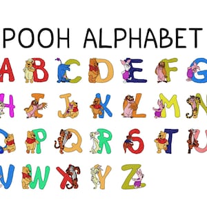Op de afbeelding: Een kleurrijk alfabet met personages uit Winnie de Poeh. Elke letter heeft een andere kleur en een bijbehorend personage, zoals Winnie de Poeh, Knorretje en Teigetje. De tekst "POOH ALPHABET" staat bovenaan.