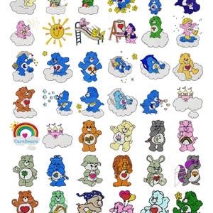 May include: A collection of Care Bears designs, each depicted in a unique pose or activity. The image features various bears in different colors, including blue, yellow, pink, and green, with the text "CARE BEARS VARIOUS HOOPS" at the top.