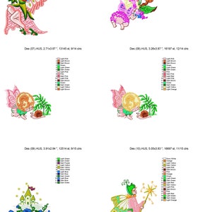 Puede incluir: Cuatro dise&ntilde;os de bordado que representan hadas en varias poses. El primer dise&ntilde;o muestra un hada con alas rosadas y un vestido verde de pie sobre un hongo. El segundo dise&ntilde;o muestra un hada con alas rosadas y un vestido rosa acostada sobre un hongo. El tercer dise&ntilde;o muestra un hada con alas rosadas y un vestido verde sosteniendo una bola amarilla. El cuarto dise&ntilde;o muestra un hada con alas amarillas y un vestido rosa sosteniendo una varita.